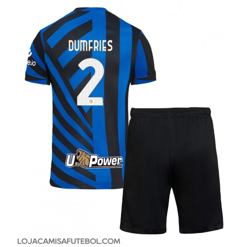 Camisa de Futebol Inter Milan Denzel Dumfries #2 Equipamento Principal Infantil 2024-25 Manga Curta (+ Calças curtas)